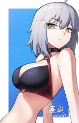 1girl absurdres ahoge bare_shoulders bikini black_bikini breasts choker cleavage fate/grand_order fate_(series) grey_hair highres jeanne_d&#039;arc_alter_(fate) jeanne_d&#039;arc_alter_(swimsuit_berserker)_(fate) large_breasts looking_at_viewer o-ring o-ring_bikini omte97 short_hair solo swimsuit yellow_eyes