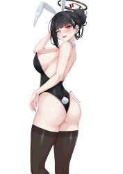 1girl absurdres alternate_breast_size amai-pai animal_ears armpits black_hair black_thighhighs blue_archive breasts highres large_breasts leotard playboy_bunny rabbit_ears red_eyes rio_(blue_archive) solo sweat thighhighs