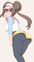 Rule 34 | 1girl, ass, black pantyhose, blue eyes, bow, breasts, brown hair, double bun, female focus, grey background, hair between eyes, hair bun, highres, izuna masaru, large breasts, leaning forward, long hair, looking at viewer, looking back, nintendo, pantyhose, pokemon, pokemon bw2, raglan sleeves, rosa (pokemon), short shorts, shorts, sidelocks, simple background, solo, standing, twintails, visor cap, yellow shorts