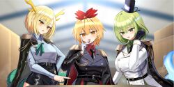 Rule 34 | 3girls, adjusting hair, alternate costume, antlers, belt, black coat, black gloves, black necktie, black skirt, blonde hair, blue coat, blue shirt, blurry, blush, breasts, coat, coat on shoulders, collared shirt, commentary, depth of field, dragon girl, dragon horns, dragon tail, english commentary, epaulettes, fringe trim, game cg, ghost tail, gloves, green eyes, green hair, green scales, green shirt, green tail, hanasaka houcha, hat, highres, holding, horns, kicchou yachie, long sleeves, multicolored hair, multiple girls, necktie, official art, open mouth, orange eyes, pointing, red shirt, shirt, skirt, smile, soga no tojiko, streaked hair, tail, tate eboshi, third-party source, toramaru shou, touhou, touhou lostword, two-tone hair, white coat, white gloves, yellow horns