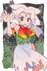 1girl blush border colored_tips commentary_request cowboy_shot curtained_hair dress facial_mark falling_leaves forehead_mark grey_hair highres houjuu_chimi kurachi_mizuki leaf looking_at_viewer medium_hair multicolored_hair open_mouth outside_border sleeveless sleeveless_dress solo standing standing_on_one_leg torn_clothes torn_dress touhou white_border white_dress white_hair