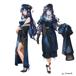 2girls absurdres arknights astesia_(arknights) bare_shoulders belt black_shoes blue_dress blue_shoes chinese_clothes coat detached_collar dress gloves high_heels highres holding holding_coat holding_unworn_clothes immeasurable jacket layered_sleeves long_sleeves multiple_girls off_shoulder puffy_short_sleeves puffy_sleeves shoes short_over_long_sleeves short_sleeves star_(symbol) unworn_coat