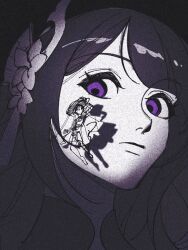 1boy 1girl arm_up blunt_bangs closed_mouth commentary_request floating full_body genshin_impact hair_ornament hat head_tilt highres japanese_clothes long_hair looking_at_another looking_down looking_to_the_side looking_up monochrome mother_and_son no_mouth purple_eyes raiden_shogun scaramouche_(genshin_impact) shade shadow short_hair spotlight sujin8258 upper_body wanderer_(genshin_impact)