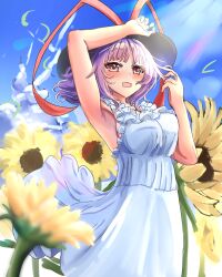 1girl alternate_costume bissya314 black_hat blue_sky bow breasts commentary_request dress flower hat hat_bow highres light_rays looking_at_viewer nagae_iku outdoors purple_hair red_bow red_eyes short_hair sky sleeveless sleeveless_dress solo sundress sunflower touhou white_dress yellow_flower