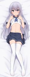 Rule 34 | 1girl, belly, blue eyes, blue sailor collar, blue skirt, dakimakura (medium), flower, grey hair, hair flower, hair ornament, highres, miyo (ranthath), navel, open clothes, open skirt, original, sailor, sailor collar, school uniform, shirt, short sleeves, skirt, sweat, thighhighs, white shirt, white thighhighs