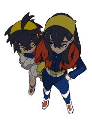 1boy 1girl black_hair blue_jacket blue_pants brother_and_sister carmine_(pokemon) closed_mouth crossed_bangs from_above gloves hair_between_eyes hairband highres jacket kieran_(pokemon) long_hair long_sleeves multicolored_hair nintendo ozako pants pokemon pokemon_sv purple_hair red_gloves red_hair shoes shorts siblings simple_background white_background white_jacket white_shoes white_shorts yellow_bag yellow_eyes yellow_hairband