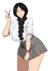Rule 34 | 1girl, absurdres, black hair, bleach, braid, braided ponytail, breasts, dr octojuice, highres, holding, holding pen, karakura high school uniform, large breasts, long hair, pen, school uniform, simple background, unohana retsu, white background