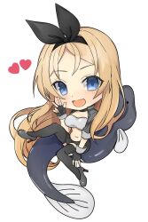 1girl animal black_footwear black_gloves black_jacket black_skirt black_thighhighs blonde_hair blue_eyes blush breasts cleavage eel fingerless_gloves gloves heart high_heels jacket kantai_collection large_breasts long_hair looking_at_viewer navel nelson_(kancolle) nelson_(race_queen)_(kancolle) nelson_(race_queen_mode)_(kancolle) open_clothes open_jacket open_mouth short_sleeves simple_background skirt smile solo thighhighs toriniku_senshi_chikinman white_background