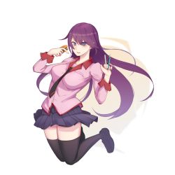 1girl bakemonogatari black_necktie black_shoes black_thighhighs blue_eyes blue_skirt boxcutter breasts collar collared_shirt eyelashes full_body hair_between_eyes hands_up highres holding juliet_sleeves legs_together loafers long_hair long_sleeves looking_at_viewer medium_breasts monogatari_(series) naoetsu_high_school_uniform necktie pen pink_shirt pleated_skirt puffy_sleeves purple_hair red_collar school_uniform senjougahara_hitagi shadow shioneko shirt shoes sidelocks simple_background skirt solo stapler thighhighs white_background zettai_ryouiki
