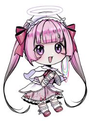 1girl :d ai-chan_(love_angel_syndrome) bandaged_arm bandages blunt_bangs blush cable_hair cardiogram_print chibi chibi_only dress frilled_dress frilled_socks frills full_body grin hair_ribbon halo joints layered_dress looking_at_viewer loose_hair_strand loose_wires love_angel_syndrome maid_headdress neck_ribbon non-web_source official_art open_mouth pink_dress pink_eyes pink_hair pink_shoes ribbon robot_joints shoes sidelocks smile socks solo sparkling_eyes transparent_background twintails wrist_cuffs