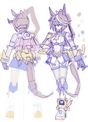 Rule 34 | 1girl, animal ears, blue eyes, breasts, brown hair, color guide, from behind, full body, grey hair, horse ears, horse tail, kin-san (sasuraiga), mecha, mechanization, metal hair, multicolored hair, multiple views, necktie, parody, pink necktie, ponytail, robot, short necktie, sketch, small breasts, streaked hair, style parody, tail, tokai teio (umamusume), umamusume, virtual on