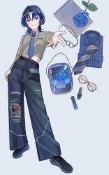 1girl absurdres bag belt_buckle blue_background blue_bag blue_eyes blue_flower blue_hair blue_necktie blue_rose blue_shirt blue_shoes breasts buckle closed_mouth collared_shirt cosmetics denim diagonal-striped_clothes diagonal-striped_necktie flower full_body fyuu-ka glasses grey_shirt highres hiodoshi_ao hololive hololive_dev_is jeans jewelry long_sleeves looking_at_viewer medium_breasts midriff_peek mole mole_under_mouth nail_polish_bottle necklace necktie notebook octopus_print outstretched_arm outstretched_hand pants ring rose shirt shoes simple_background smile sneakers solo standing striped_clothes torn_clothes torn_jeans torn_pants unworn_eyewear unworn_jewelry unworn_necklace unworn_necktie unworn_shirt virtual_youtuber wolf_cut