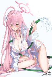 1girl ahoge bikini bikini_under_clothes blue_archive blush braid breasts commentary_request dated esto_0079 green_eyes grin hair_between_eyes halo hanako_(blue_archive) hanako_(swimsuit)_(blue_archive) highres holding holding_hose hose long_hair partial_commentary pink_hair pink_halo purple_bikini shirt signature smile solo spraying swimsuit teeth thighs very_long_hair water wet wet_clothes wet_shirt white_background white_shirt