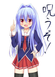 Rule 34 | &gt;:d, 10s, 1girl, :d, aqua hair, black thighhighs, blush, catchphrase, cube x cursed x curious, esureki, fang, fear kubrick, female focus, hand on own hip, long hair, open mouth, pleated skirt, red eyes, school uniform, serafuku, simple background, skirt, smile, solo, thighhighs, translated, v-shaped eyebrows, white background, zettai ryouiki