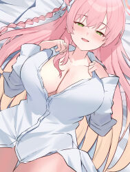1girl blonde_hair blue_archive blush bow braid breasts cleavage collarbone gradient_hair green_eyes hair_bow halo hanako_(blue_archive) hanako_(swimsuit)_(blue_archive) highres large_breasts light_smile long_hair lying mi_taro333 multicolored_hair pink_hair pink_halo shirt solo thighs very_long_hair white_bow white_shirt