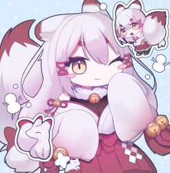 1girl absurdres animal_ears artist_request black_bodysuit body_freckles bodysuit bow breasts commission fox_ears fox_girl fox_tail freckles frills fur_collar gohei hair_between_eyes hair_bow hair_ornament hair_ribbon highres indie_virtual_youtuber japanese_clothes kagari_kitsune large_breasts long_hair long_sleeves messy_hair multicolored_hair nontraditional_miko pink_hair red_ribbon ribbon sidelocks simple_background skeb_commission skirt sleeves_past_fingers sleeves_past_wrists slit_pupils tail virtual_youtuber white_hair yellow_eyes