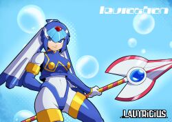 1girl armor artist_name blue_armor blue_background blue_eyes blue_helmet breasts character_name cowboy_shot fairy_leviathan_(mega_man) fins head_fins helmet highres holding holding_polearm holding_weapon lautricius medium_breasts mega_man_(series) mega_man_zero_(series) polearm smile solo spear weapon
