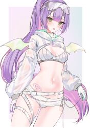 1girl acedia belt breasts cleavage_cutout clothing_cutout crop_top cropped_hoodie cropped_legs extreme_crop_top fang gloves goggles goggles_on_head green_eyes highres hololive hood hood_down hoodie long_hair long_sleeves looking_at_viewer micro_shorts midriff mini_wings multicolored_hair navel navel_piercing official_alternate_costume open_mouth piercing ponytail puffy_long_sleeves puffy_sleeves purple_hair ribbed_shirt see-through_clothes see-through_sleeves shirt shorts small_breasts solo stomach stomach_tattoo tattoo thigh_strap thighs tokoyami_towa tokoyami_towa_(cyberpunk) two-tone_hair very_long_hair virtual_youtuber white_gloves white_hoodie white_shirt white_shorts wings