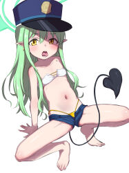 1girl absurdres barefoot bikini black_hat blue_archive blue_shorts breasts demon_tail gold_bikini green_hair green_halo halo hat highres hikari_(blue_archive) konboi-eg loli long_hair navel pointy_ears shorts simple_background small_breasts solo squatting swimsuit tail white_background yellow_eyes