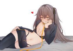 1girl alternate_costume black_bra black_panties black_skirt black_thighhighs bra breasts brown_hair closed_mouth commentary_request girls&#039;_frontline heart highleg highleg_panties long_hair looking_at_viewer lying miniskirt mumei_774_00 navel on_side one_side_up panties scar scar_across_eye scar_on_face simple_background skirt small_breasts smile solo stomach thighhighs tongue tongue_out ump45_(girls&#039;_frontline) underwear white_background yellow_collar