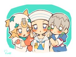 3boys beanie blonde_hair blue_eyes blue_jumpsuit blush braid chibi chibi_only commentary_request dixie_cup_hat earrings family green_eyes grey_hair hair_between_eyes hair_ornament hat heart_ornament higashikata_josuke_(jojolion) highres hood hood_down hoodie horseshoe_hat_ornament horseshoe_ornament jewelry jodio_joestar johnny_joestar jojo_no_kimyou_na_bouken jojolion jumpsuit long_bangs male_focus medium_hair military_hat multicolored_eyes multiple_boys open_mouth purple_eyes rairack777 red_arm_warmers sailor sailor_collar sailor_hat shirt side_braid star_(symbol) star_hair_ornament star_print steel_ball_run the_jojolands time_paradox two-tone_eyes white_hat white_hoodie white_sailor_collar white_shirt wristband