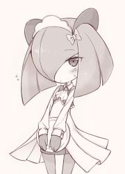 1girl ascot bow clothed_pokemon flying_sweatdrops gen_3_pokemon hair_bow hair_over_one_eye highres holding holding_plate horns kirlia maid_headdress monochrome nintendo nonono_mino plate pokemon pokemon_(creature) shirt sidelocks simple_background skirt sweatdrop white_shirt
