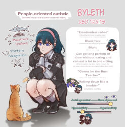 blue_eyes blue_hair cat dorothea_arnault english_text female_byleth_(fire_emblem) fire_emblem fire_emblem:_three_houses garreg_mach_monastery_uniform hairband highres lilithcosa nintendo orange_cat skirt sothis_(fire_emblem)