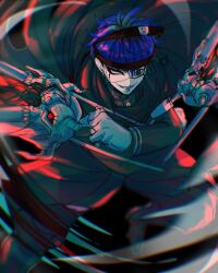 1boy absurdres armband black_background blurry_edges cape chamuchai chin_piercing cracked_skin dual_wielding eye_print eyepatch eyeshadow face_piercing gloves highres holding holding_weapon last_defense_academy_school_uniform makeup male_focus motion_lines omokage_yugamu piercing print_eyepatch school_uniform short_hair solo the_hundred_line_-last_defense_academy- weapon white_armband white_gloves