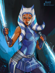 1girl absurdres ahsoka_tano alien artist_name blue_eyes blue_gloves blue_lightsaber boosty_logo boosty_username breasts colored_skin dual_wielding energy_sword fingerless_gloves gloves highres holding holding_sword holding_weapon lightsaber looking_at_viewer medium_breasts orange_skin solo star_wars sword szamatart twitter_logo twitter_username weapon