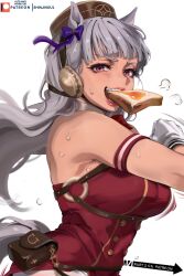 Rule 34 | 1girl, animal ears, armband, bare shoulders, blunt bangs, bow, bread, bread slice, breasts, brown hat, dress, ear bow, ear covers, ear ribbon, eating, food, food in mouth, gloves, gold ship (umamusume), grey hair, hat, highres, horse ears, horse girl, horse tail, lady shin, large breasts, long hair, looking at viewer, mouth hold, open mouth, pillbox hat, purple bow, purple eyes, red armband, red dress, running, simple background, sleeveless, sleeveless dress, smile, solo, sweat, sweatdrop, tail, teeth, toast, toast in mouth, umamusume, upper body, white background, white gloves