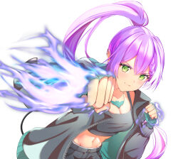 1girl alternate_costume alternate_hairstyle barbell_piercing black_jacket black_shorts black_tank_top braid breasts cleavage closed_mouth collarbone commentary_request cowboy_shot crop_top demon_tail ear_piercing green_eyes groin hair_between_eyes hand_wraps high_ponytail highres hololive industrial_piercing jacket jewelry light_blush long_hair long_sleeves looking_at_viewer medium_breasts midriff multicolored_hair navel necklace open_clothes open_jacket piercing pink_hair pointy_ears ponytail punching purple_hair shorts sidelocks simple_background solo standing streaked_hair syukuri_works tail tank_top tokoyami_towa virtual_youtuber white_background zipper
