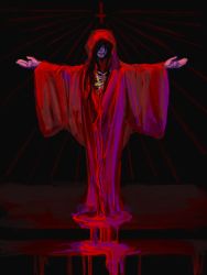 1boy bleeding blood brown_hair chinese_commentary commentary_request cross cyan-ine hidden_face highres inverted_cross long_hair lord_of_the_mysteries mr._a open_arms pool_of_blood red_robe robe smile solo stairs
