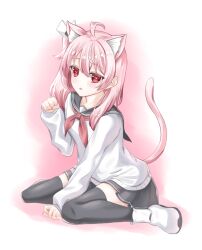 1girl ahoge amerika_neko animal_ear_fluff animal_ears between_legs black_sailor_collar black_skirt black_thighhighs blue_archive blush boots bright_pupils cardigan cat_ears cat_girl cat_tail commentary d: full_body hair_between_eyes hand_between_legs hand_up highres kemonomimi_mode long_hair looking_at_viewer miniskirt natsu_(blue_archive) neckerchief open_mouth paw_pose pink_hair pleated_skirt red_eyes red_neckerchief sailor_collar school_uniform serafuku side_ponytail sidelocks simple_background sitting skirt sleeves_past_wrists solo tail tail_raised thighhighs wariza white_background white_boots white_cardigan white_pupils zettai_ryouiki