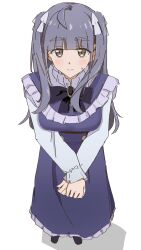 Rule 34 | 1girl, alternate hair color, blue shirt, blunt bangs, blush, breasts, brown eyes, chofu noriko, closed mouth, dress, frilled dress, frills, full body, grey hair, highres, ikizulive! love live! bluebird, large breasts, light frown, long dress, looking at viewer, love live!, pinafore dress, purple dress, shadow, shirt, simple background, sleeveless, sleeveless dress, solo, split mouth, standing, suitou (suitou 55), sweatdrop, two side up, white background