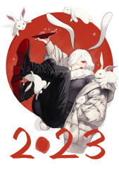 Rule 34 | 1girl, 2023, absurdres, alcohol, animal, animal ears, animal on shoulder, arm up, chinese zodiac, cup, dated, full body, hair over one eye, hand in pocket, highres, holding, holding cup, jacket, looking at viewer, neck fur, new year, original, peperon (peperou), rabbit, rabbit ears, rabbit girl, rabbit tail, red background, red eyes, sakazuki, sake, short hair, solo, tail, white hair, white jacket, year of the rabbit