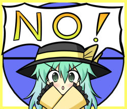 ! &gt;:( &gt;:o 1girl :o angry blush border crossed_arms english_text female_focus frills frown goma_(yoku_yatta_hou_jane) green_eyes green_hair hat komeiji_koishi long_hair looking_at_viewer matching_hair/eyes no solo touhou v-shaped_eyebrows
