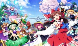 6+girls ascot bell blonde_hair blue_eyes blue_hair bottle bow bowtie broom brown_eyes brown_hair brown_skirt cape day futatsuiwa_mamizou glasses gohei gradient_hair green_eyes green_hair green_skirt hair_bobbles hair_intakes hair_ornament hakurei_reimu hat hata_no_kokoro highres hijiri_byakuren hirococo hopeless_masquerade jewelry jingle_bell kawashiro_nitori key kirisame_marisa kisaki_hakka komeiji_koishi kumoi_ichirin leaf long_hair long_sleeves looking_at_viewer mask mononobe_no_futo multicolored_hair multiple_girls ofuda one_eye_closed outdoors outstretched_arms pink_eyes pink_hair pink_skirt plaid_clothes plaid_shirt pointy_hair puffy_short_sleeves puffy_sleeves purple_eyes purple_hair purple_skirt raccoon_tail red_skirt ring ritual_baton sake_bottle shirt short_hair short_sleeves skirt sky star_(symbol) tail tate_eboshi third_eye touhou toyosatomimi_no_miko two_side_up unzan very_long_hair wide_sleeves wrench