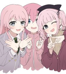 3girls :d ;d bang_dream! bang_dream!_it&#039;s_mygo!!!!! blazer blue_eyes blunt_bangs bocchi_the_rock! brown_sweater cardigan chihaya_anon collared_shirt color_connection commentary_request crossover diagonal-striped_clothes diagonal-striped_necktie dress_shirt fang girls_band_cry gotoh_hitori green_necktie grey_eyes grey_jacket hair_color_connection haneoka_school_uniform highres hina_(girls_band_cry) jacket long_hair long_sleeves looking_at_viewer medium_hair multiple_crossover multiple_girls necktie one_eye_closed open_mouth pink_jacket red_cardigan school_uniform shirt simple_background skin_fang smile star_(symbol) striped_clothes sweater tatama track_jacket trait_connection turtleneck turtleneck_sweater twintails white_background white_shirt winter_uniform