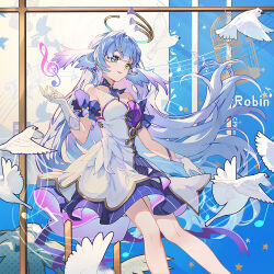 1girl aqua_eyes asymmetrical_gloves bare_shoulders bird blue_hair bracelet breasts cat_princess character_name cleavage detached_sleeves dress floating_hair gloves halo head_wings honkai:_star_rail honkai_(series) jewelry long_hair looking_to_the_side musical_note parted_lips purple_dress purple_wings robin_(honkai:_star_rail) short_sleeves sitting smile solo two-tone_dress uneven_gloves white_dress white_gloves wings
