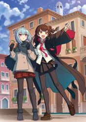 Rule 34 | 2girls, absurdres, ahoge, arm up, aru majo ga shinu made, black gloves, black jacket, black pantyhose, black skirt, blue hair, blush, boots, brown hair, chorefuji, eating, gloves, hairband, hand up, highres, jacket, long hair, long sleeves, meg raspberry, multiple girls, necktie, official art, open mouth, pantyhose, red eyes, red necktie, red skirt, sandwiched, shirt, shoes, skirt, smile, sophie hayter, sweater, white hairband, white shirt, white sweater, yellow eyes