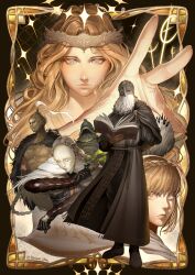 Rule 34 | 2girls, 5boys, arm behind back, armor, beard, black cloak, black footwear, black pants, black robe, blonde hair, book, bracer, breastplate, cloak, closed mouth, commentary, covered face, crown, elden ring, elden ring: shadow of the erdtree, english commentary, facial hair, full body, grey eyes, hand up, hanny (uirusu chan), helmet, highres, holding, holding book, holding weapon, hood, hood up, horns, hornsent (elden ring), long hair, long sleeves, looking at viewer, mask, miquella (elden ring), moore (elden ring), multiple boys, multiple girls, needle knight leda, open hand, pants, redmane freyja, robe, shoes, short hair, sir ansbach, standing, thiollier (elden ring), twitter username, weapon, white cloak, white hair, white hood