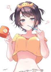 Rule 34 | 1girl, artist name, bloomers, blue eyes, blush, bra, bra peek, breasts, brown hair, brushing teeth, commentary, crop top, crop top overhang, cropped shirt, cup, from below, hairband, highres, holding, holding cup, hololive, looking at viewer, looking down, loungewear, medium breasts, midriff, mug, navel, nishiki yuno, no jacket, official alternate costume, official alternate hairstyle, oozora subaru, oozora subaru (loungewear), orange bra, shirt, short hair, short sleeves, signature, simple background, sleepy, solo, squeans, swept bangs, two side up, underwear, upper body, virtual youtuber, waking up, white background, white bloomers, yellow hairband, yellow shirt