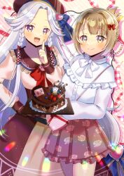 2girls :d bag beret blush braid brown_eyes brown_hair brown_hat brown_skirt cake character_request chocolate_cake closed_mouth commentary_request commission crossover diagonal-striped_background floral_print folded_ponytail food forehead frilled_skirt frills fruit grey_hair hair_intakes hat heart heart-shaped_bag high-waist_skirt holding holding_tray iizaka_mahiro kou_hiyoyo long_sleeves multiple_girls onsen_musume open_mouth oshiro_project:re parted_bangs pleated_skirt print_skirt puffy_long_sleeves puffy_sleeves purple_eyes shirt shoulder_bag skeb_commission skirt smile strawberry striped_background tray twin_braids white_shirt