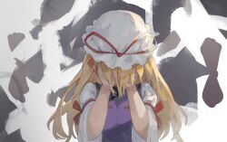 1girl blonde_hair commentary_request covering_face dress facing_viewer hands_on_own_face hat hat_ribbon long_hair mob_cap purple_tabard red_ribbon ribbon sashimi_oniku solo tabard touhou upper_body white_background white_dress white_hat yakumo_yukari