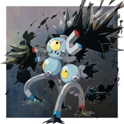 black_eyes border commentary_request grey_background highres looking_back magnet nintendo no_humans outline pokemon pokemon_(creature) sandy_shocks shuga_(mhwii) solo splatter standing white_border