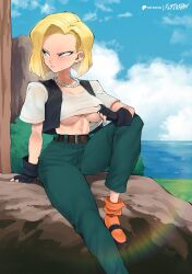 1girl android_18 artist_name belt blonde_hair blue_eyes blue_sky breasts cloud cloudy_sky commentary denim_vest dragon_ball dragonball_z earrings english_commentary fingerless_gloves flytrapxx frown gloves highres horizon hot jewelry knee_up lens_flare medium_breasts midriff necklace orange_socks outdoors pants patreon_username rainbow shirt_tug short_hair sitting sky socks solo sweat underboob water