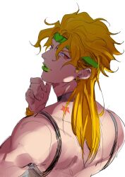 Rule 34 | 1boy, back, birthmark, blonde hair, bracelet, dio brando, ear birthmark, earrings, gold bracelet, green lips, hair between eyes, headband, highres, jewelry, joestar birthmark, jojo no kimyou na bouken, lighthouse (lt yummy), long hair, looking at viewer, male focus, muscular, muscular male, red eyes, scar, scar on neck, sketch, solo, stardust crusaders, stitched neck, stitches, white background