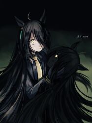 Rule 34 | animal ears, black suit, earrings, formal clothes, glowing, glowing eyes, hair over one eye, hashtag-only commentary, highres, horse ears, horse girl, jewelry, long hair, long sleeves, manhattan cafe (umamusume), necktie, suit, teru (t nano), twitter username, umamusume, very long hair, yellow eyes, yellow necktie