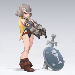 1girl absurdres alexandrian_soldier bandaid bandaid_on_cheek bandaid_on_face boots brown_boots commentary cross_scar elbow_pads english_commentary final_fantasy final_fantasy_ix frown full_body geniski66 grey_leotard helmet highleg highleg_leotard highres leotard long_hair planted planted_sword planted_weapon scar scar_on_leg shield solo stretching sword thick_lips two-tone_gloves weapon