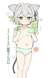 1girl absurdres aftersex animal_ears belly big_belly cum cum_in_pussy cum_inflation cumdrip fertilization genshin_impact green_eyes highres inflation kemonomimi_mode loli looking_at_viewer nahida_(genshin_impact) navel ovum panties pointy_ears print_panties solo stomach tail talking underwear youyoukai